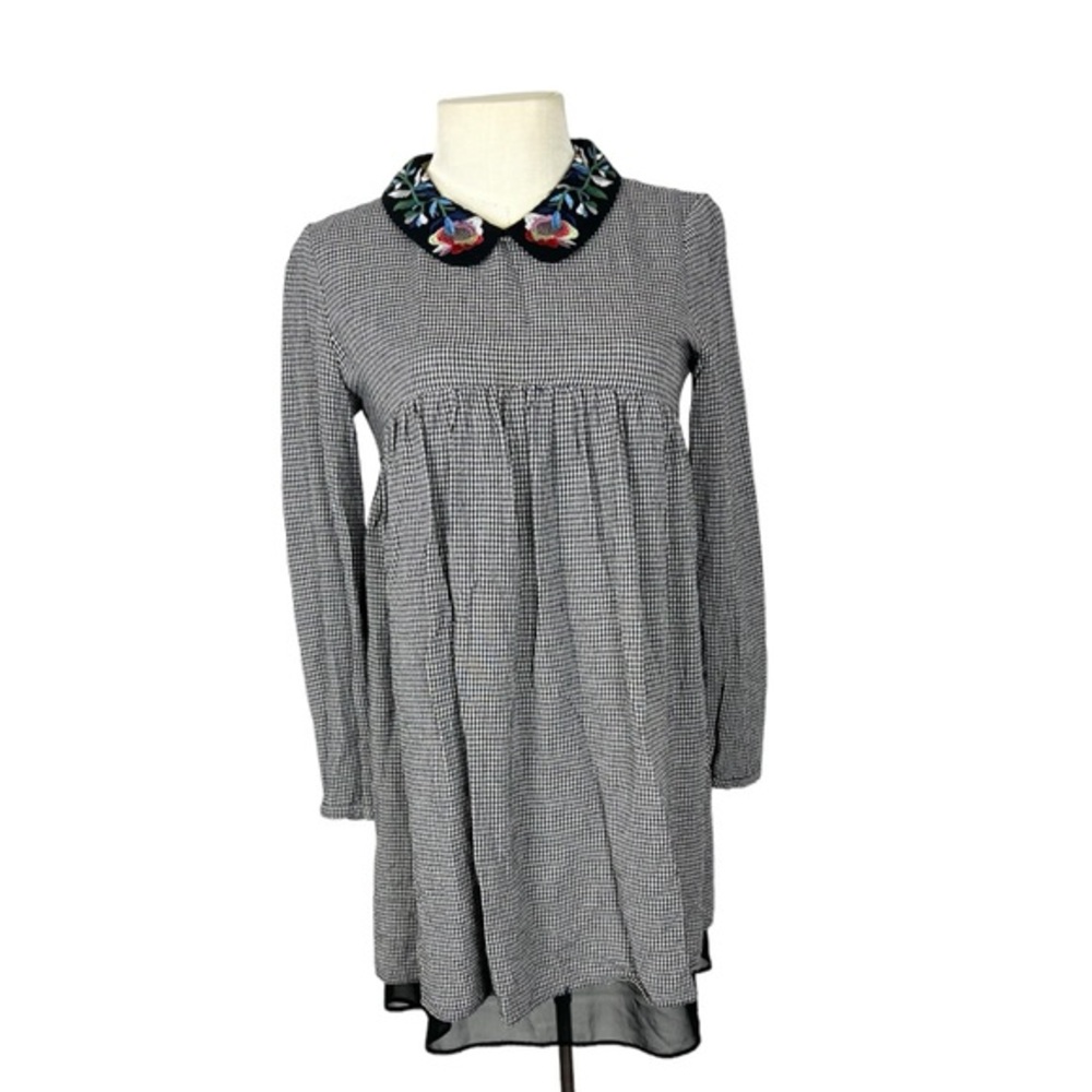 Zara Babydoll‎ Dress Womens Trafaluc Collection Black Check Embroidered Collar